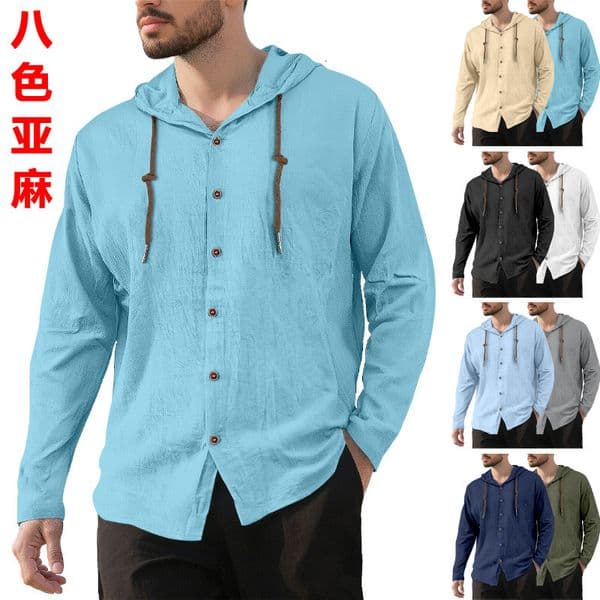 European And American Polo Hawaiian Men's Simple Cotton Designer T-shirt Linen Casual Designer Hoodie Loose Breathable Long Sleeve Solid Color Hooded Shirt