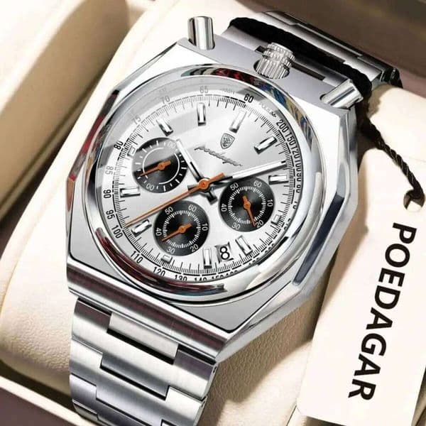 POEDAGAR Original Sports Men Quartz Luminous Waterproof Stainless Steel Man Watch Chronograph Date Exquisite Men's Watches