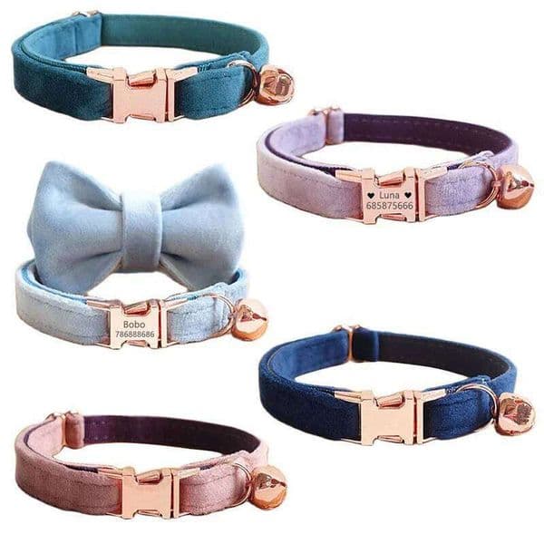 YHH Velvet Cat Personalized Customized ID Tag Kitten Collars Bell Cats Necklace Puppy Chihuahua Yorshire Collar Adjustable 26W0316