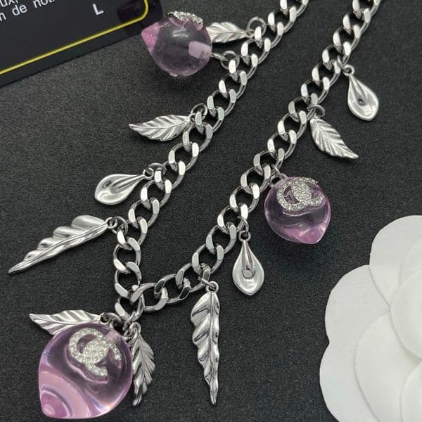 Silver Tone Curb Chain Necklace With Transparent Pink Peach Leaf Charms Elegant Daily Wear Gift Necklace For Her High Quality Jewelry