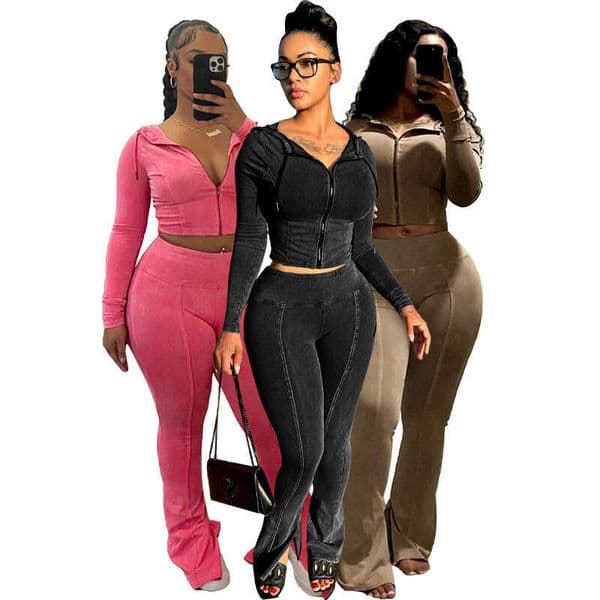 European and American women's clothing, cross-border supply, washed distressed hooded bell-bottom pants two-piece casual set