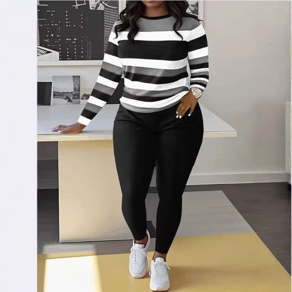 Gym Clothing Fitness Wear Spring And Summer Women's Two-Piece Outfit, Fashionable Striped Design Long-Sleeve Shirt + Slim-Fit Pants Set A56 Sportswear