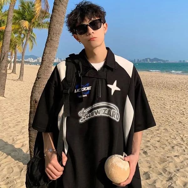 American Retro Short Sleeved Y2k Motorcycle Style Polo Collar Simple Versatile Loose Vintage Summer Couple Tshirt Casual Top 260312