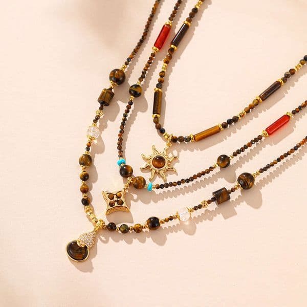European American Maillard Tiger Eye Stone Sun Pendant Necklace, Multi-Layered Beaded Collarbone Chain, Niche, High-End And Exquisite B5