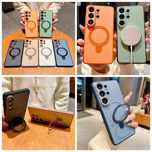 S26 Ultra Magnetic Wireless Charging Holder Cases For Samsung S25 Plus S24 S23 A37 A57 A17 A15 A26 A36 Anti-slip Luxury Chromed Hard PC Soft TPU Magnet Phone