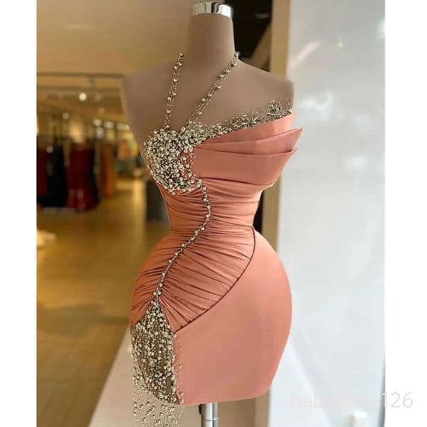 Homecoming Dresses: Women's Pink Formal Lace Deep V-Neck Tail Mini Gown - Elegant Party Dress, Prom Dresses Ready