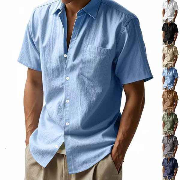 New Designer T-shirt Solid Color Linen Shirt For Polo Men On Shortsleeved Designer Hoodie Collar Loose Fit Casual With Pockets American Style Summer Shirt For Men