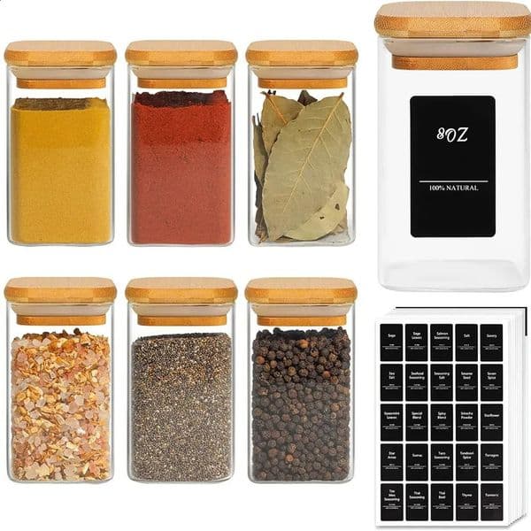 Glass Spice Jars with Bamboo Lid 8oz Airtight Square Containers with black labels Empty Seasoning Jars for Spice Salt Sugar 260316