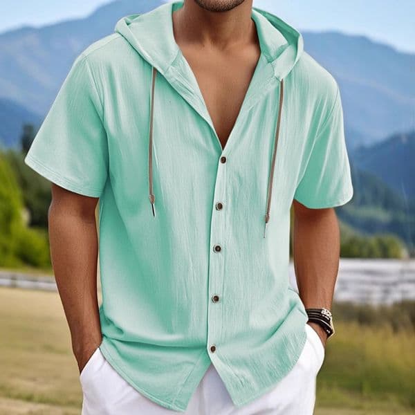 Men's Solid Color Designer T-shirt Cotton Polo Linen Cardigan Trendy Loose Lightweight Designer Hoodie Casual Short Sleeve Men's Shirt Hoodie