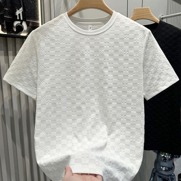 2026High-end European-style plaid pattern short-sleeve shirt for men, light luxury, elegant, solid color, casual round-neck T-shirt top for summer 5d