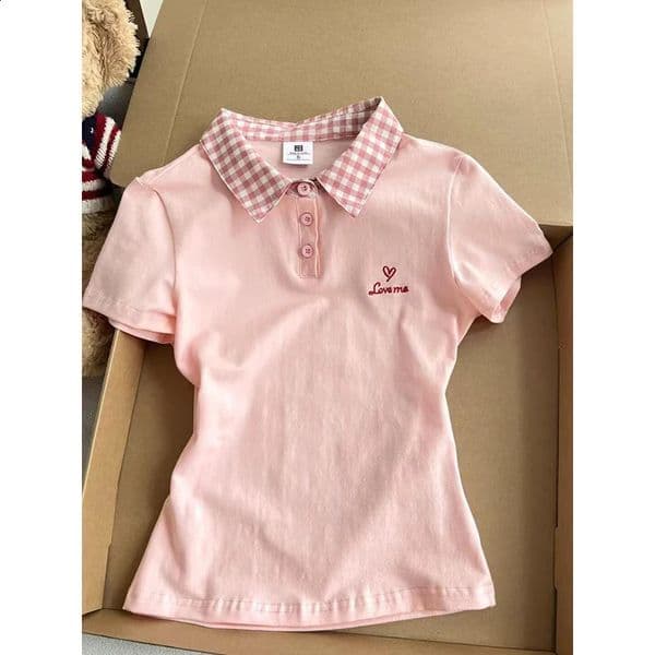 Preppy Style Sweet Polo Tops Women Summer Pink Gingham Collar Short Sleeve Shirt Love Embroidery Korean Cute Girl T-Shirts 260313