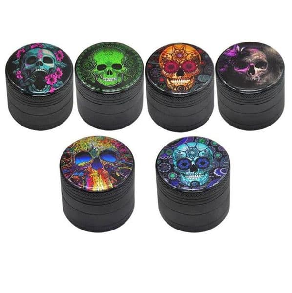 Hot selling Skull Pattern cigarette mill aluminum alloy 4 layers, diameter 50 mm Cigarette Mill, drop plastic map
