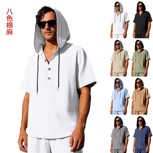 Designer Hoodie European And American Men's Summer Simple Loose Designer T-shirt Casual Polo Trendy Linen Button Beach Hooded Henley Short Sleeve Shirt