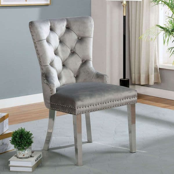 Contemporary Gray Flannelette 2pcs Side Button-Tufted Upholstered Dining Chairs Wingback Design Furniture Set