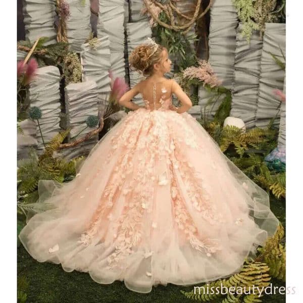 Pink Prince Lace Sheer Neck Butterfly Sleeve Pageant Gown for Toddler Girls - Long Birthday, Communion Dress