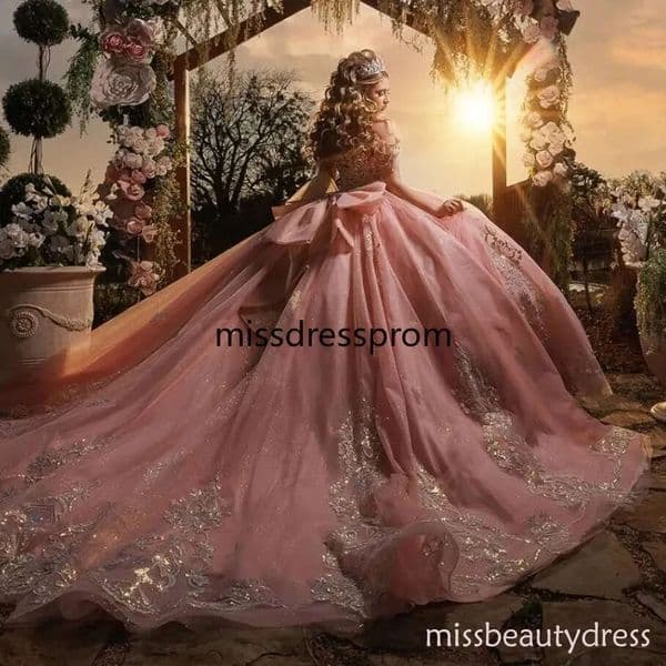 Pink Glitter Quinceanera Dresses Off Shoulder Ball Gown with Lace Appliques, Beading, Crystal Corset, Tulle Bow - Sweet 16 Formal Vestidos