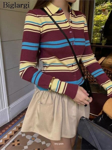 Women's Knits Knitted Autumn Striped Print Pullover Sweater Women Long SLeeve Fashion Casual Ladies Sweaters Korean Style Woman