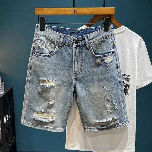 Korean Fashion Ripped Mens Denim Shorts Vintage Streetwear Summer Casual Straight Shorts Men Clothing Hip-Hop Short Jeans 260316