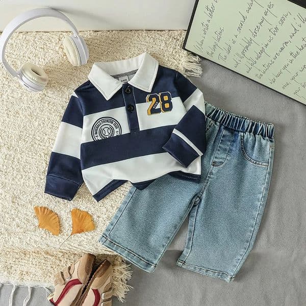2026 New Fashion 260317 Baby Boy Outfit cologne Sets 2Pcs perfume Long Sleeve Turndown Collar Tops With Letter Embroidery And Denim Pants For Ages 1 3 Years Spr