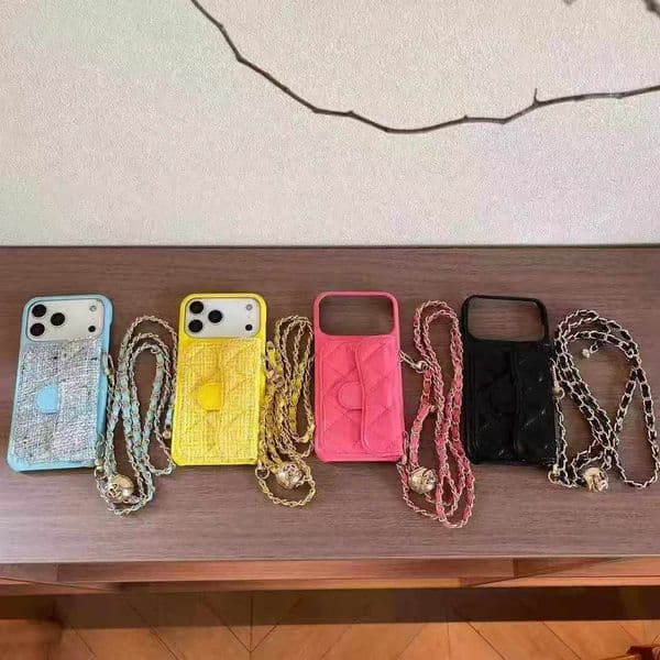 Cross body Phone Case Designer for iPhone 17 Pro Max 16 Pro 15 14 13 12 17Air 16 Plus 15 Plus Case Card Holder Caviar Leather Quilted Pink Wallet Mobile Cover Chain Lanyard