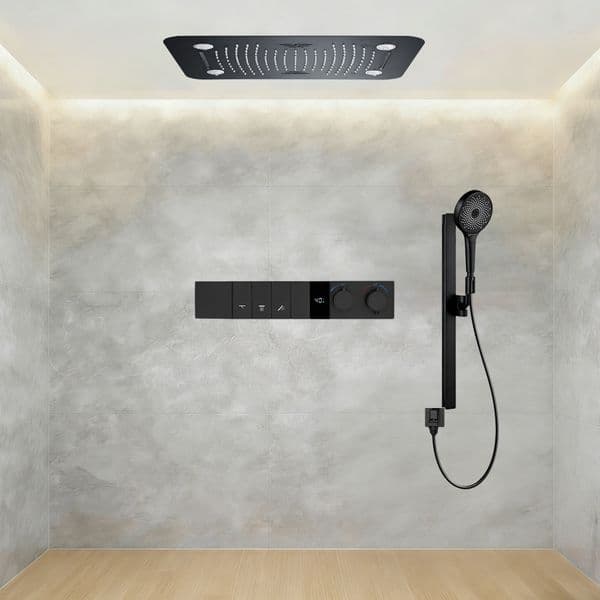 Qlonn 4 Functions Smart Shower System Set 638*338mm Embedded LED Shower Head Digital Temperature Display Thermostatic Mixer Bathroom Brass Shower Faucet Diverter