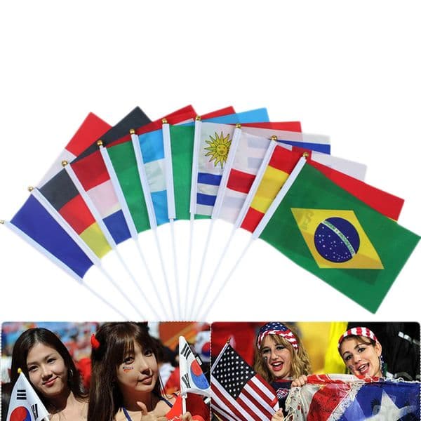 50Pcs/Set Mini Handheld National Flags Hand Waving Flag 14x21cm Polyester Custom Small Hand Flag With Plastic Flagpole For Various Holiday Parties National Day