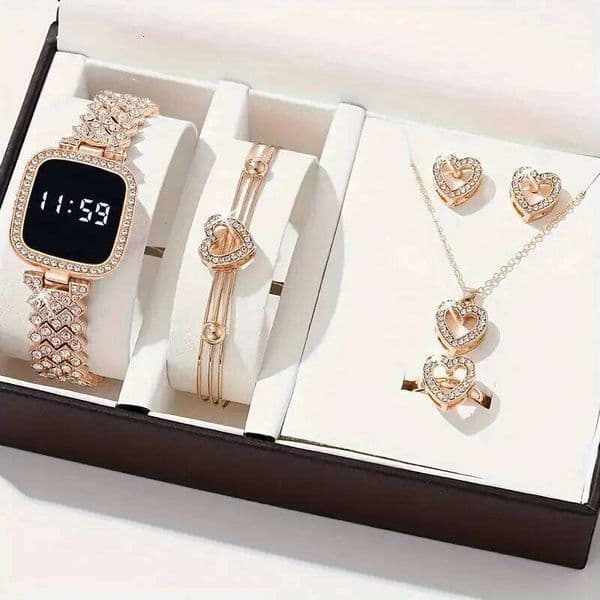Women Led 6pcs Set Fashion Casual Digital Watch FREE Bracelet Ring Necklace Earring