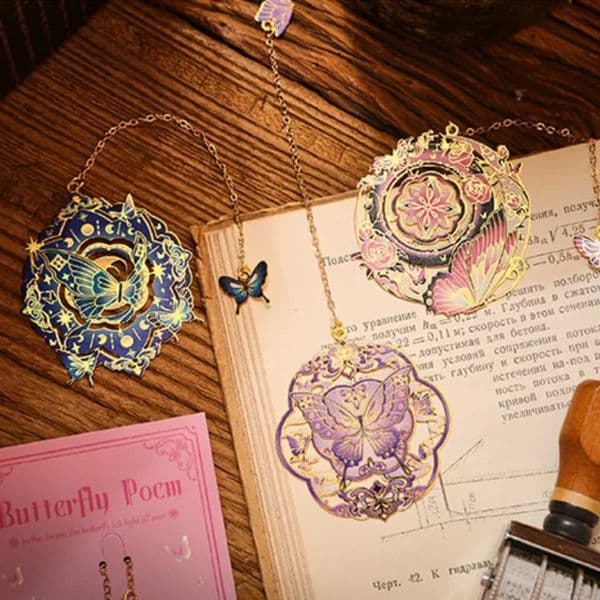 Colorful Bronzing Bookmark with Chain Love-heart Sun Floral Butterfly Metal Bookmark Reading Book Clip Student School Office S26317