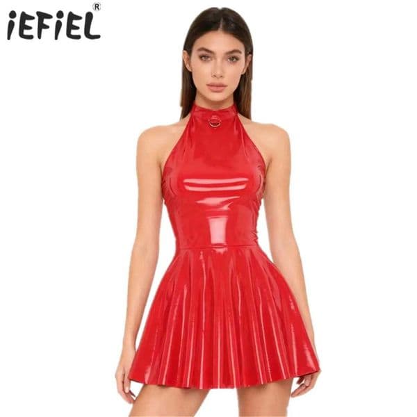 Womens Glossy Patent Leather Latex Dress Halter Skater A-Line Bodycon Mini Dress Swing Skirt Rave Disco Pole Dance Costume S25128