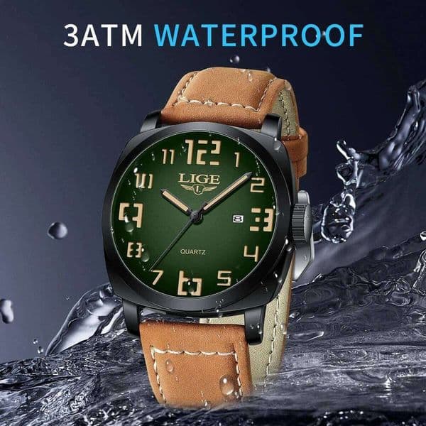 LIGE Retro Fashion Quartz Man Watch Luxury Business Casual Sport Leather Strap Outdoor Waterproof Auto Date Watches for Men Gift