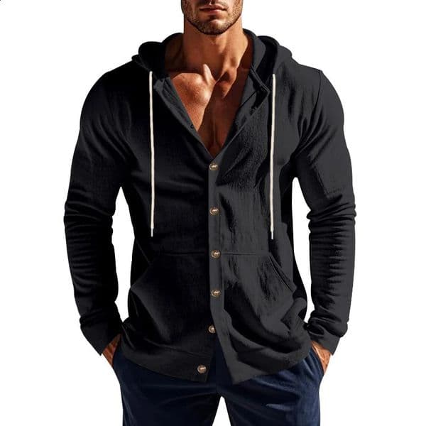 Mens Summer Linen Hoodies Solid Color Long Sleeve Button Down Loose Tops with Pockets 260309