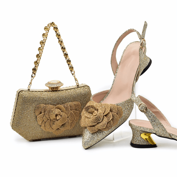 Women's Evening Party Floral Decor High Heel Sandals With Gemstone Handbag Set Daily Party Shoes Bags Thin Heels