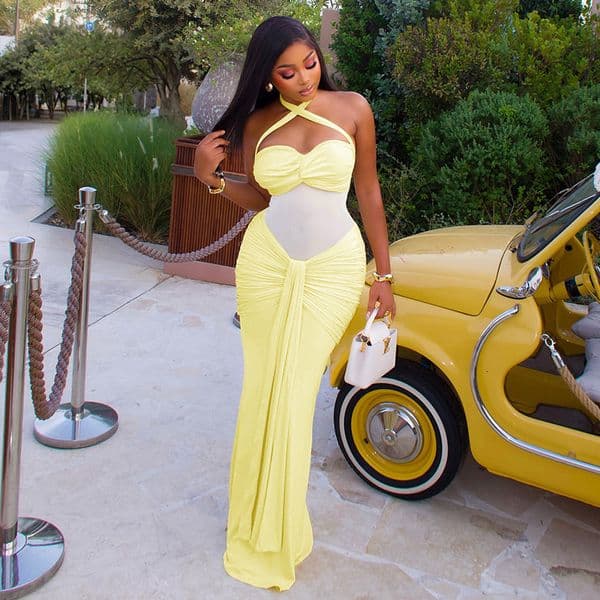 Womens semi-transparent strapless backless solid color bodycon dress with halter neck ruched bust and slim fit long dress