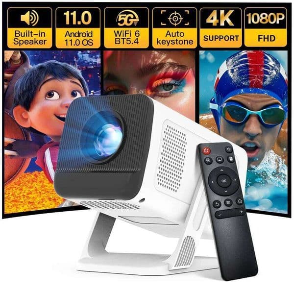 Smart Mini Projector 1080P 4K Support with WiFi 6 & BT 5.4 Built-in Apps Android TV Auto Keystone 180 Rotation Outdoor Beamer 26W0317