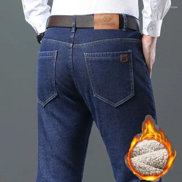 Men's Jeans 2026 Winter Lamb Fluff Men Straight Denim Pants Thicken Fleece Warm Stretch Jeansy Plush Lined Business Male Trousers