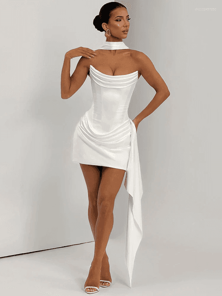 Casual Dresses Mozision Off-shoulder Strapless Sexy Mini Dress Women Elegant Sleeveless Backless High Waist Draped Ruched Club Party