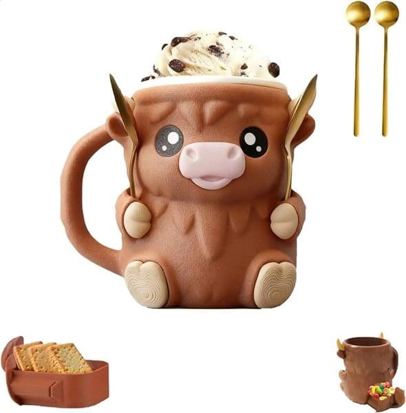 Cute 3D Printed Cow Ice Mug Creative Funny Coffee Milk Beer Cup Ice Cream Holder With Spoon Slot Fun Cartoon Animal Water Mug 260316