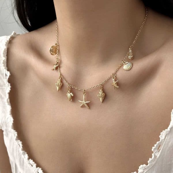 Fashion Gold Color Starfish Conch Turtle Pendant Necklace for Women Handmade Shell Chain Necklace Summer Beach Party JewelryXJ260317