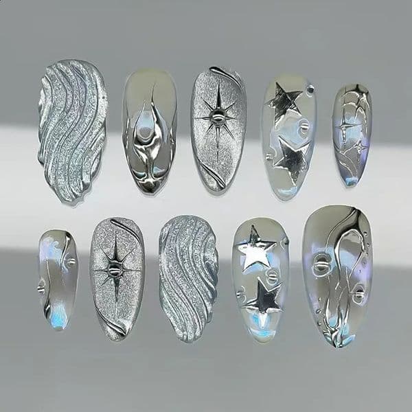 24Pcs Glitter Silver Round Head Press on Nails with Jelly Glue Long Almond Set Star n Wearable False Nail Tips 260305
