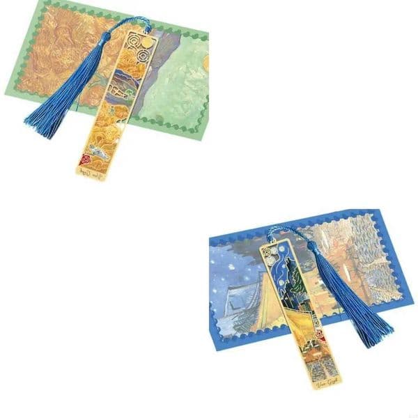 Hollowed Oil Painting Engraved Bookmarks Metal Bookmarks with Long Tassels L260529