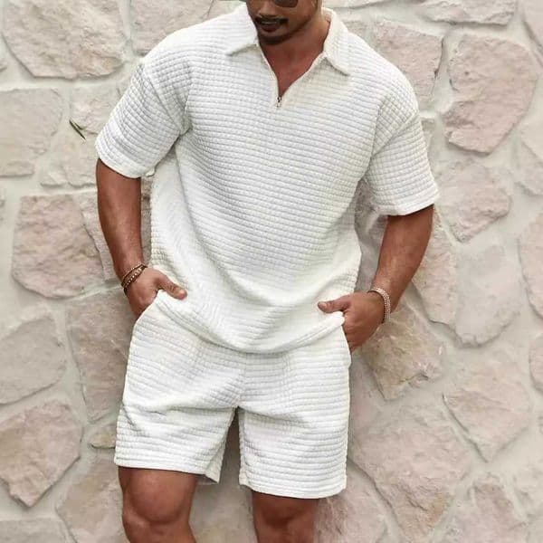 2025 Summer Mens Set New Fashionable Style Simple Waffle Color Solid Color Collar Polo Shirt Short Sleeve Shorts Sports Set X260316