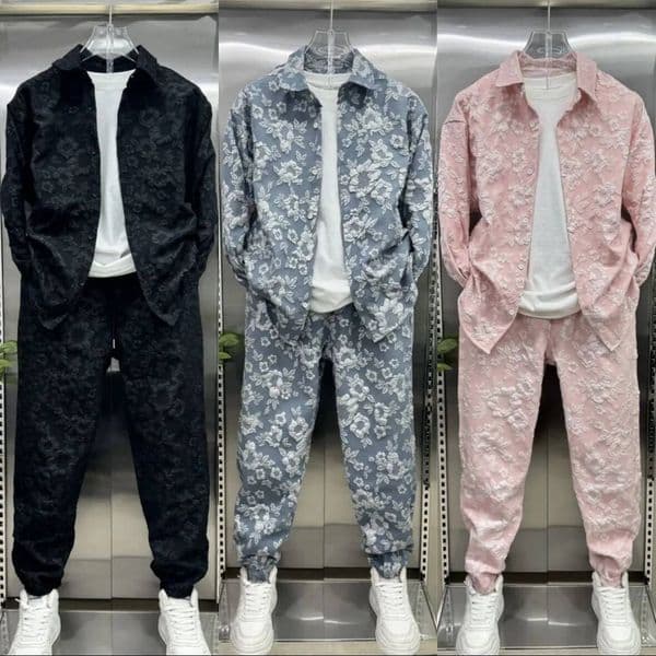 Men's Autumn Fashion Three-Dimensional Embossed Jacquard Shirt Jacket And Trousers Two-Piece Leisure Sports Suit