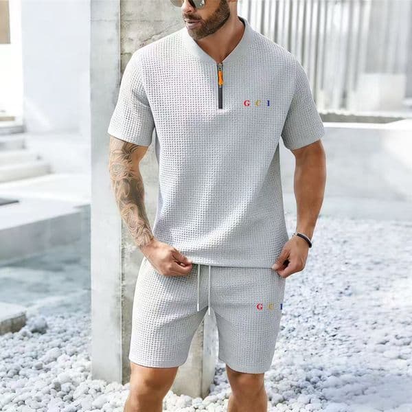 tracksuit men designer Summer Casual Suit Textured Printed Mixed Color Short Sleeve Outdoor Street Fashion Shorts Two Piece Zipper Loose Suit