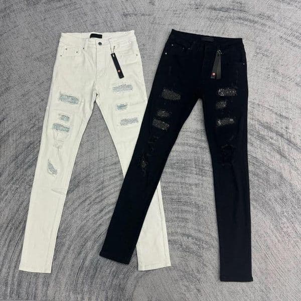 mens jeans independent am black drilling ripped high street basic skinny stretch trousers