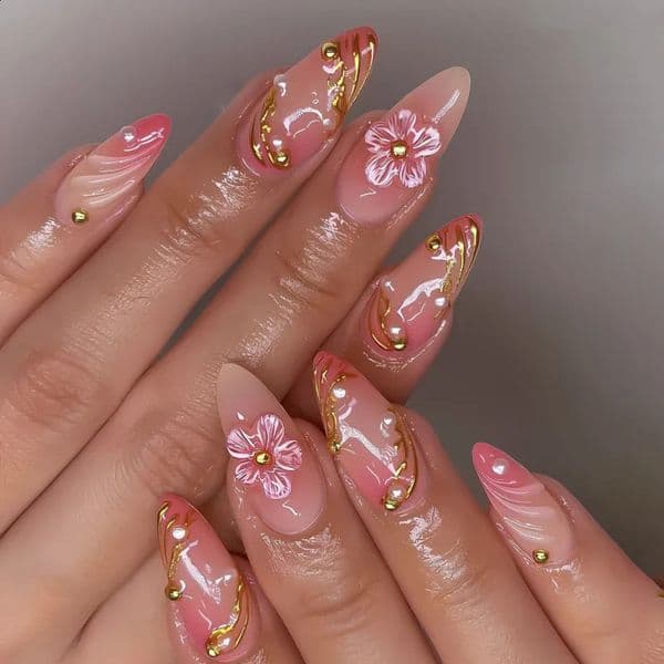 24PCS Pink Blush Almond Press on Nail 3D Flower with Golden Lines Pearl Decorations Nails for Women Wearable False Set 260305