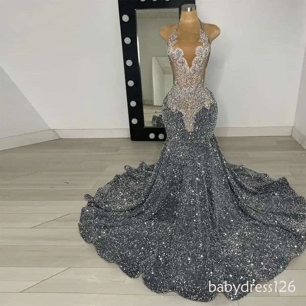 Sparkly Silver Gray Sequin Prom Dresses 2026 Rhinestone Mermaid Party Gowns For Black Girls Graduation Dress Long Customized D10
