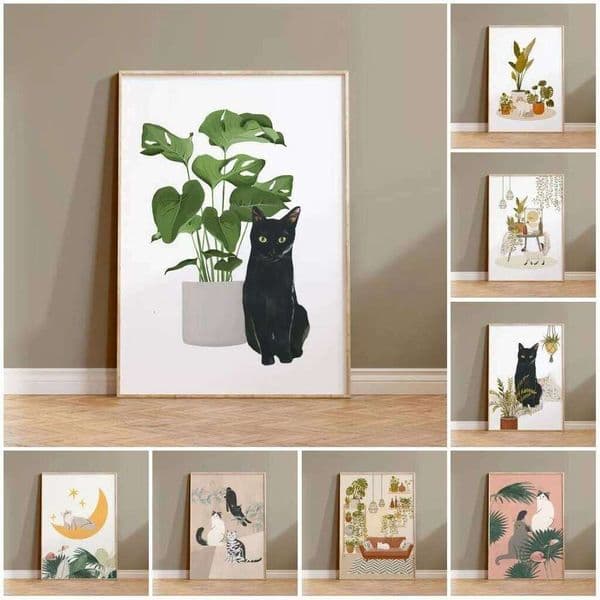 Kittens Print Cat and Plant Poster Wall Art Leisurely Cute Kitty Canvas Painting Living Room Bedroom Home Decor (No picture frame 26W0317