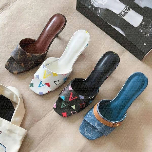 Designer lvslyes Kitten Heels Women Denim Heel TM 6AM Mule Pink Sandals High Leather Slippers Summer Fall Luxury Pumps Cute Lady Low Heeled Size 35-42 mule sandals
