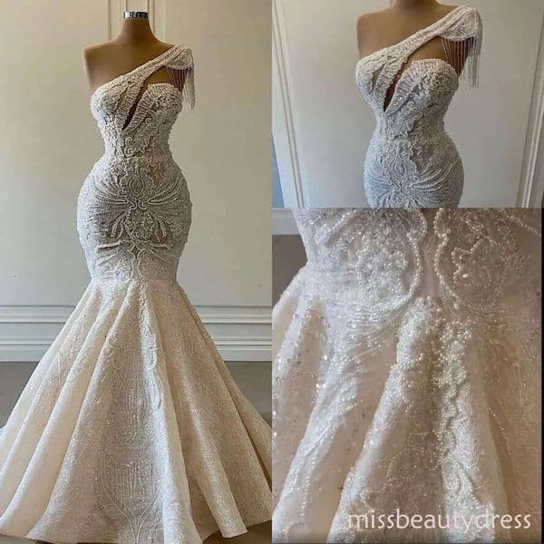 Urious Lace Beaded Wedding Dresses One Shoulder Mermaid Bridal Gowns Crystal Beads Sequin Sweep Train Real Picture Robe De Mariee