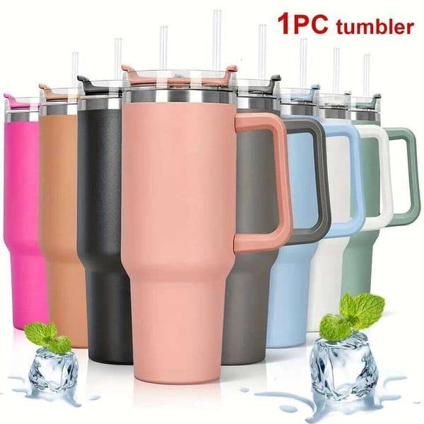 1Pc Insulated Reusable Double Wall Tumbler with Handle and Straw Lid, Stainless Steel Water Bottle, Travel Mug, 40 OZ 26Y0317
